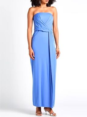Ralph Lauren Strapless Maxi Dress 16 Blue Draped Ruched Formal Maxi Gown NWT